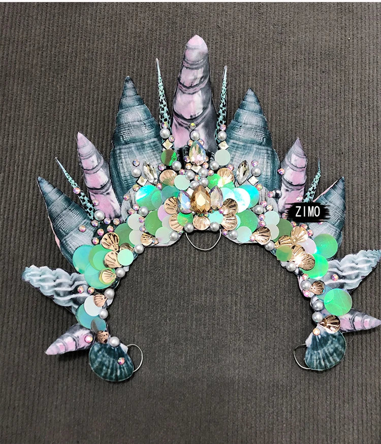 Emerald Green Rhinestone Sequin Mermaid Gown & Crown Stage Performance Costume Set