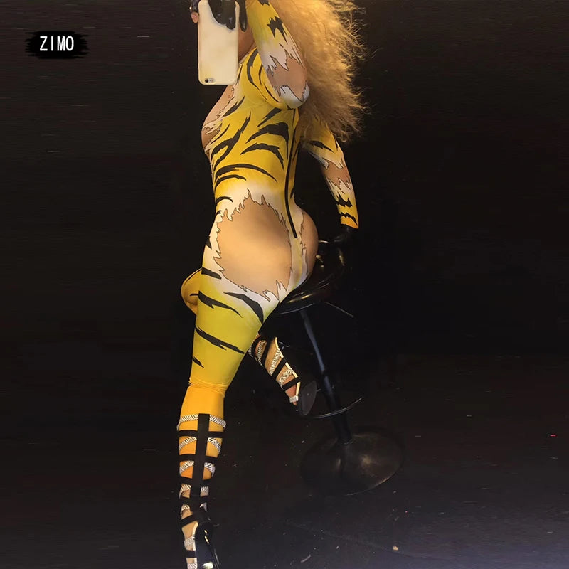 Tiger Print Rhinestone Catsuit Long Sleeve Fierce Animal Stage Performance Jumpsuit