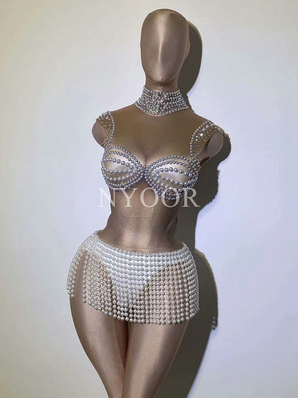 Sparkly Pearl Rhinestone Fringe Bodysuit Sleeveless Nude Stage Dance Leotard