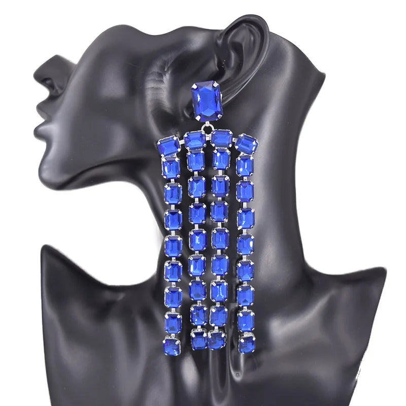 Sparkly 5.2" Glass Crystal Dangle Earrings Drag Queen Stage Jewelry