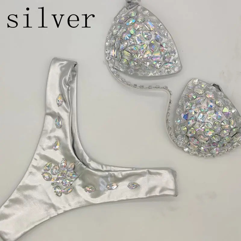 Luxury Rhinestone Performance Bikini Set – Shimmering Crystal Push-Up Stage Costume & Bling Two-Piece for GoGo Dancers, Festivals & Raves