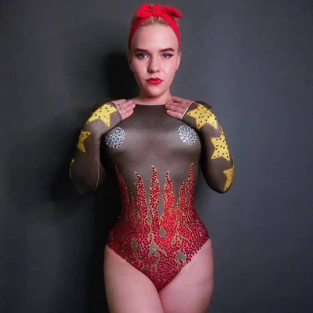 Women's Fire Pattern Rhinestone Leotard Bodysuit | Sparkly Crystal Stage Costume for Singer & Nightclub