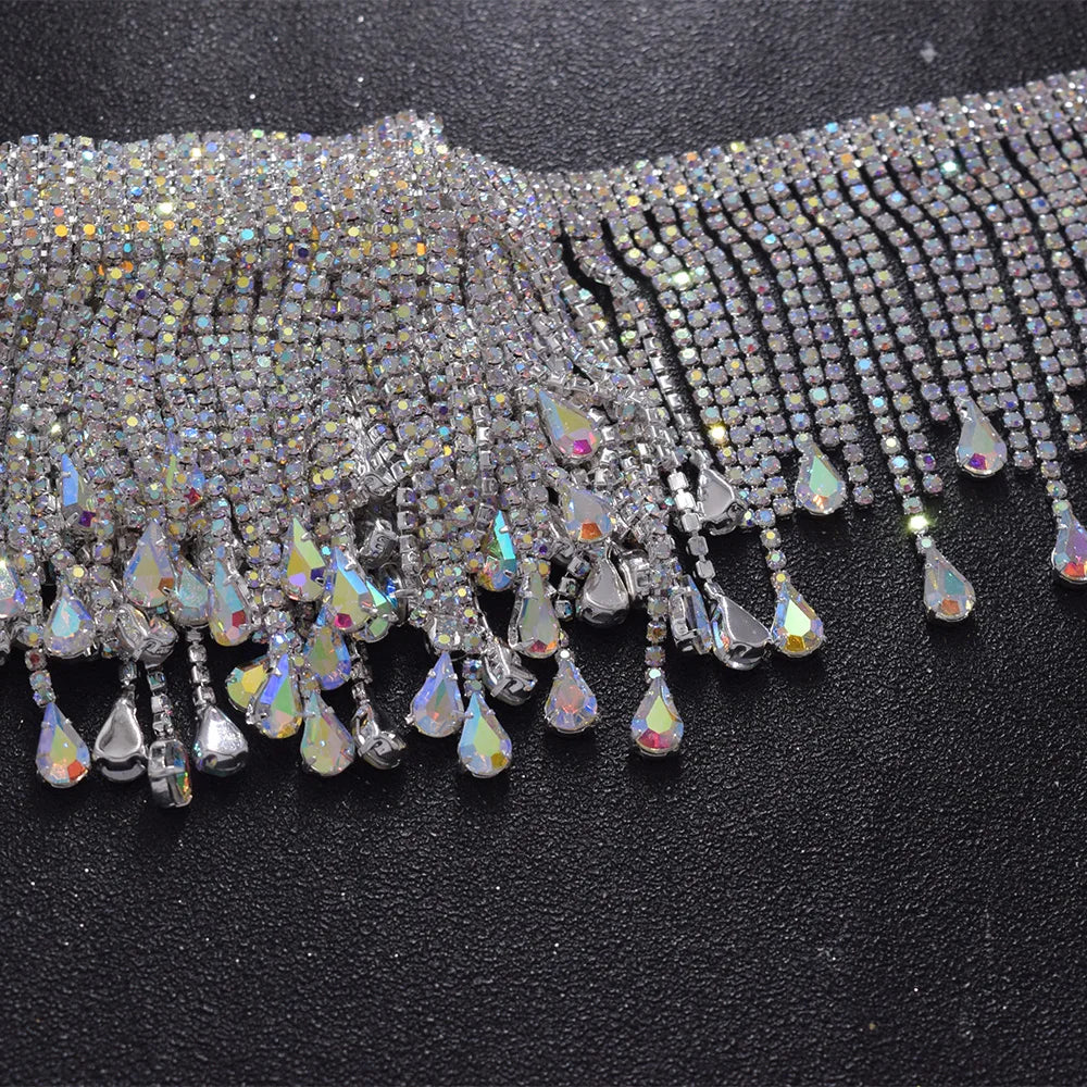 5YDS Crystal AB Rhinestone Fringe Trim 3.1" Tassel Applique Sew-On Stage Costume Border