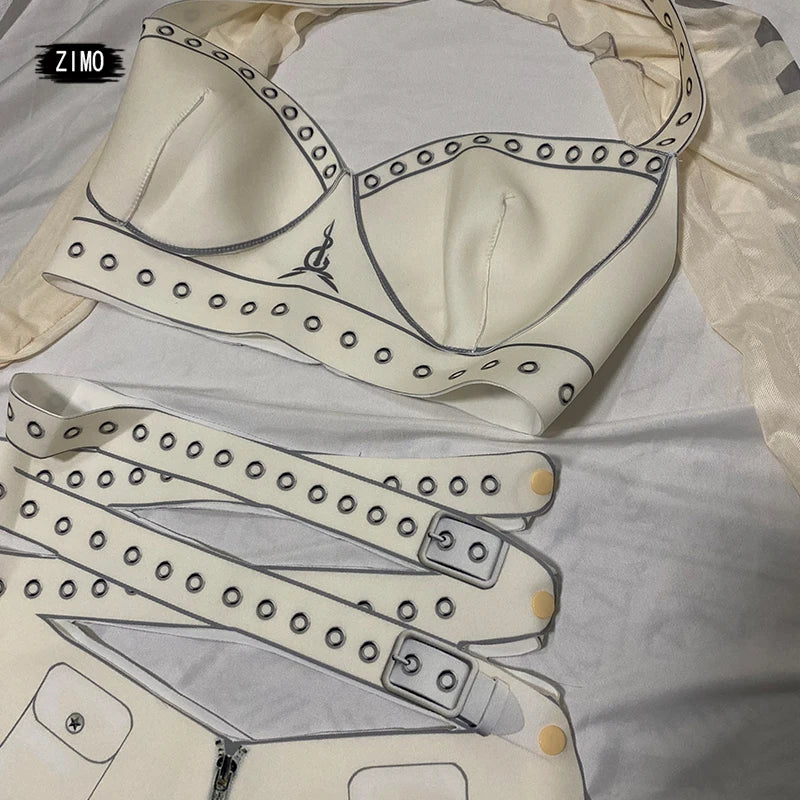 White Cyber Military Commander Bodysuit & Harness Set Men's & Women's Stage Dance Costume