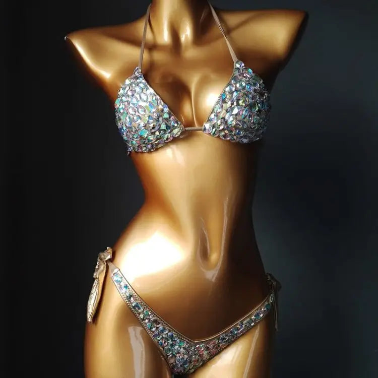 Strappy Rhinestone Bandage Bikini Set – Exotic Crystal Cross-Wrap Swimsuit & Bling Bathing Suit for Luxury Pool Parties