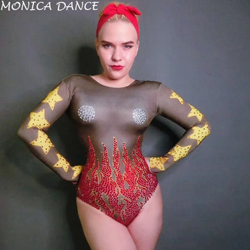 Women's Fire Pattern Rhinestone Leotard Bodysuit | Sparkly Crystal Stage Costume for Singer & Nightclub