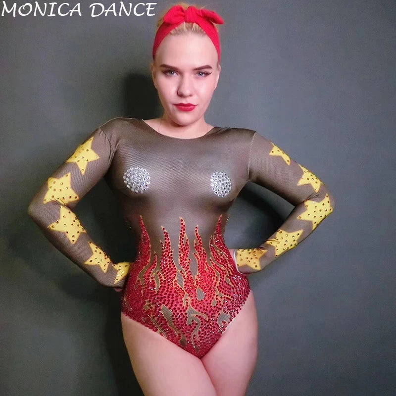Women's Fire Pattern Rhinestone Leotard Bodysuit | Sparkly Crystal Stage Costume for Singer & Nightclub
