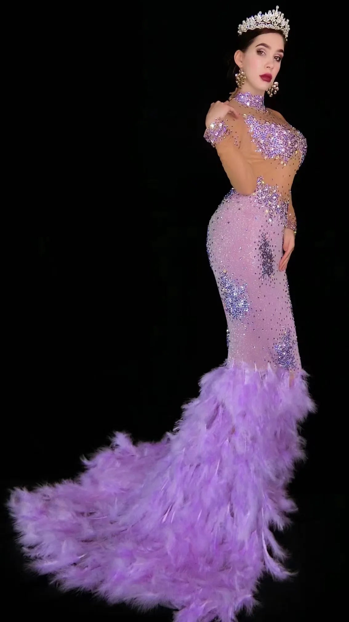 Women's Purple Rhinestone Feather Dress | Luxury Gown for Prom, Stage & Performance