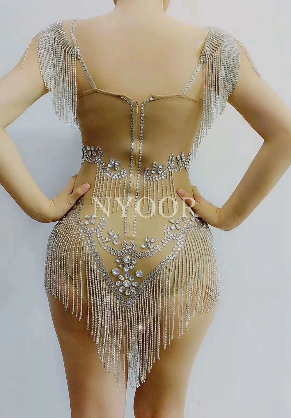 Silver Crystal Fringe Illusion Bodysuit Sparkly Rhinestone Stage Dance Leotard