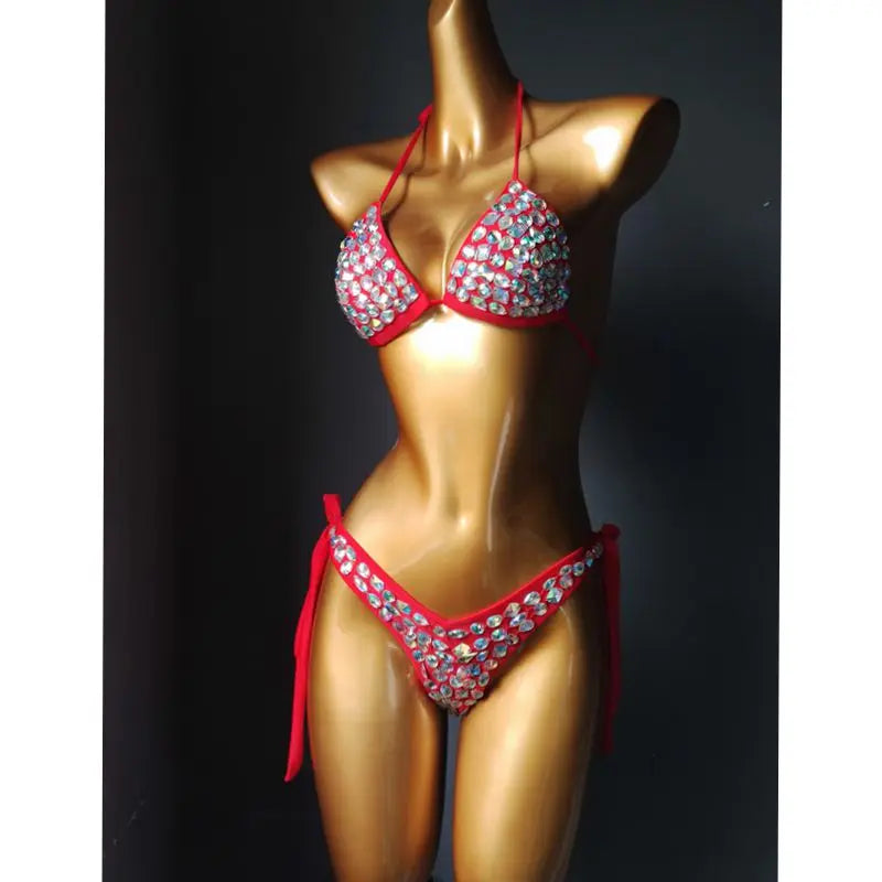 Cut-Out Rhinestone Bandage Bikini Set – Shimmering Crystal Push-Up Swimsuit & Open-Front Bling Bathing Suit for Raves & Festivals
