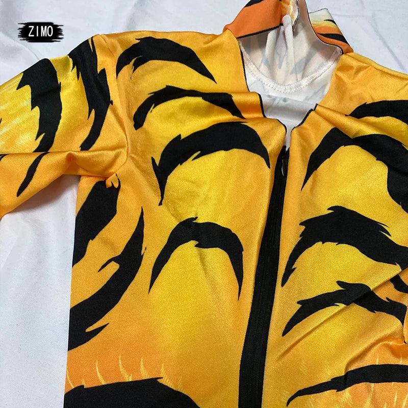 Tiger Print Rhinestone Catsuit Long Sleeve Fierce Animal Stage Performance Jumpsuit