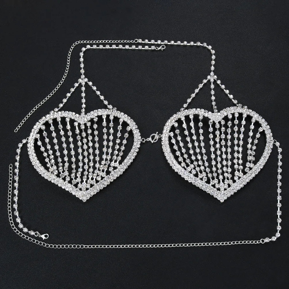 Dazzling Heart Crystal Bra Chain & Thong Bikini Body Jewelry Set