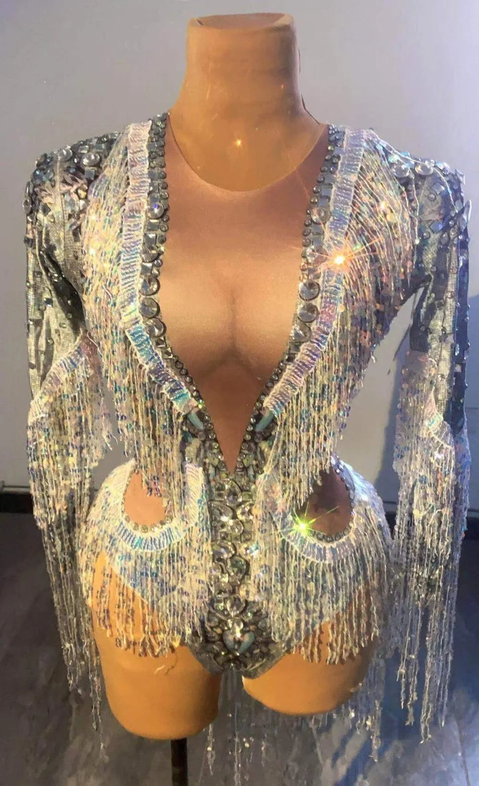 Rhinestone Sequin Fringe Long-Sleeve Bodysuit