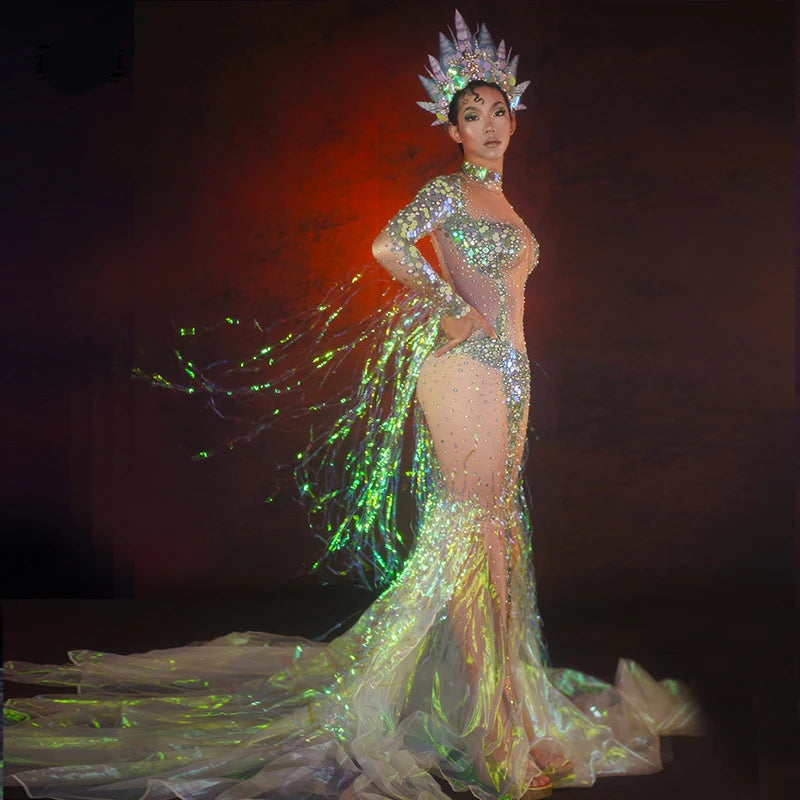 Emerald Green Rhinestone Sequin Mermaid Gown & Crown Stage Performance Costume Set