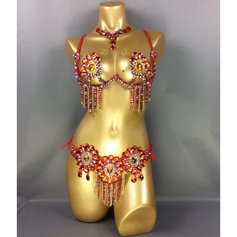 Sparkly Samba Carnival Stone Wire Bra, Belt & Necklace Three-Piece Costume Set