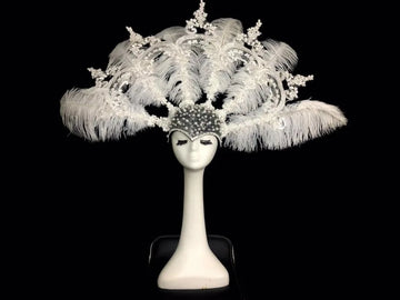 The Stardust Empress Royale – Deluxe Pearl, Lace & Feather Showgirl Headdress Crown