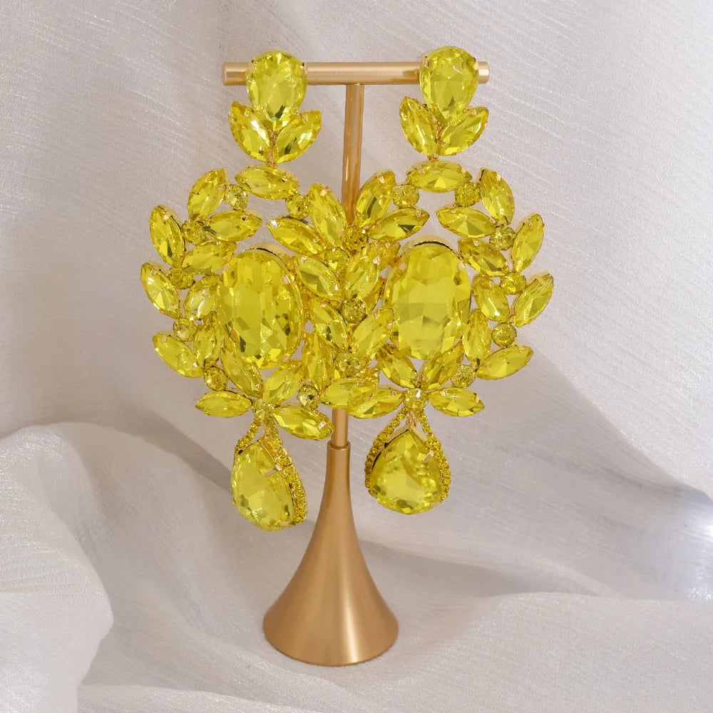 Oversized 4.7" Glass Gemstone Statement Drop Earrings Drag Queen Stage Jewelry