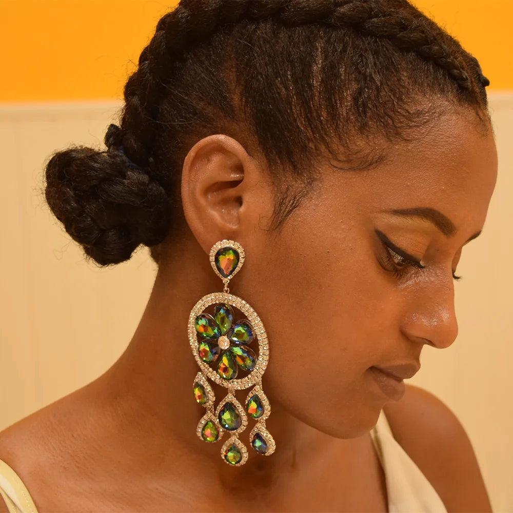 Sparkly 5.1" Glass Crystal Tassel Drop Earrings Drag Queen Stage Jewelry