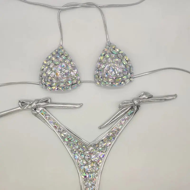 Cut-Out Rhinestone Bandage Bikini Set – Shimmering Crystal Push-Up Swimsuit & Open-Front Bling Bathing Suit for Raves & Festivals