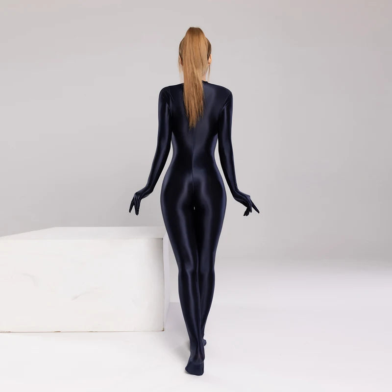 Silky Oil Glossy Long Sleeve Thong Bodysuit Full-Length Shaping Jumpsuit