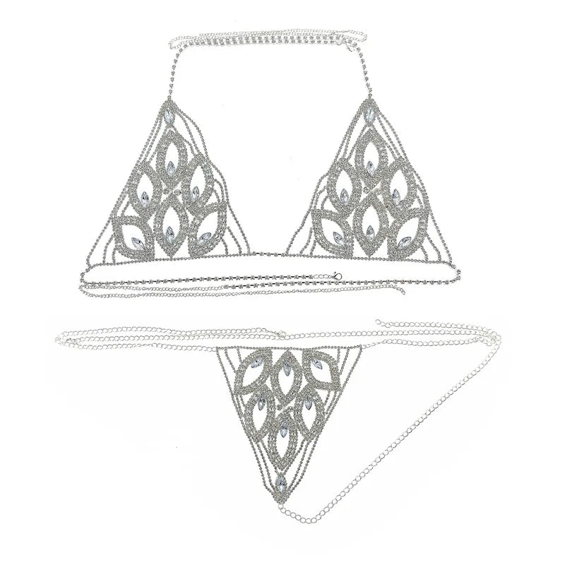 Rhinestone Leaf Bra & Thong Body Chain