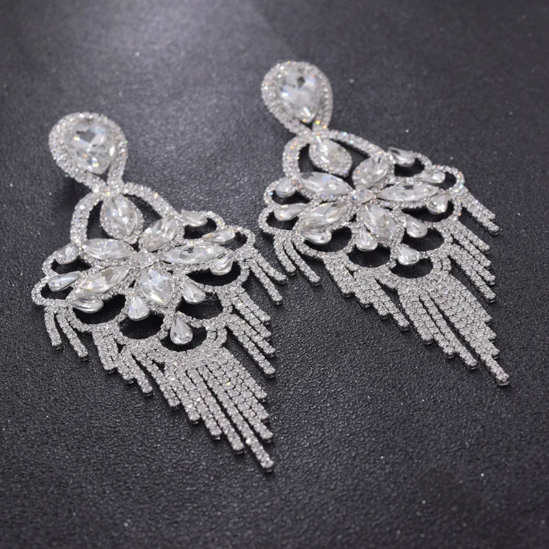 Sparkly Glass Crystal Statement Drop Earrings Stage Performance Jewelry