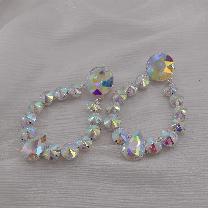 Sparkly Glass Crystal Oval Statement Drop Earrings Drag Queen Stage Jewelry