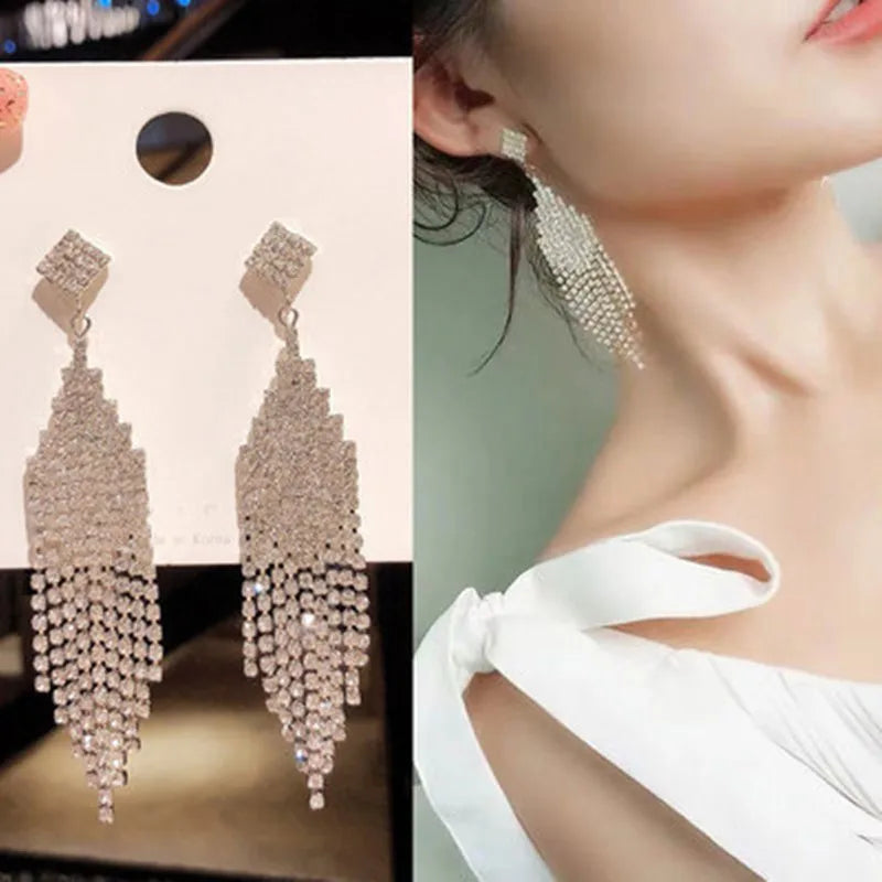Vintage Crystal Tassel Drop Earrings – Elegant Geometric Multi-Strand Statement Earrings for Weddings, Galas & Evening Wear