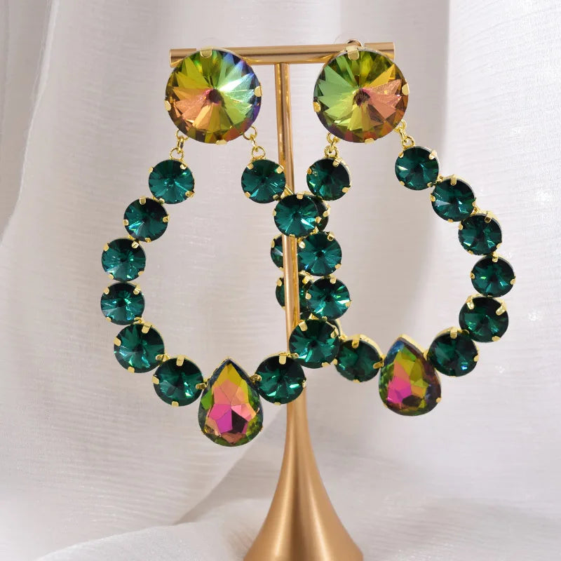Sparkly Glass Crystal Oval Statement Drop Earrings Drag Queen Stage Jewelry