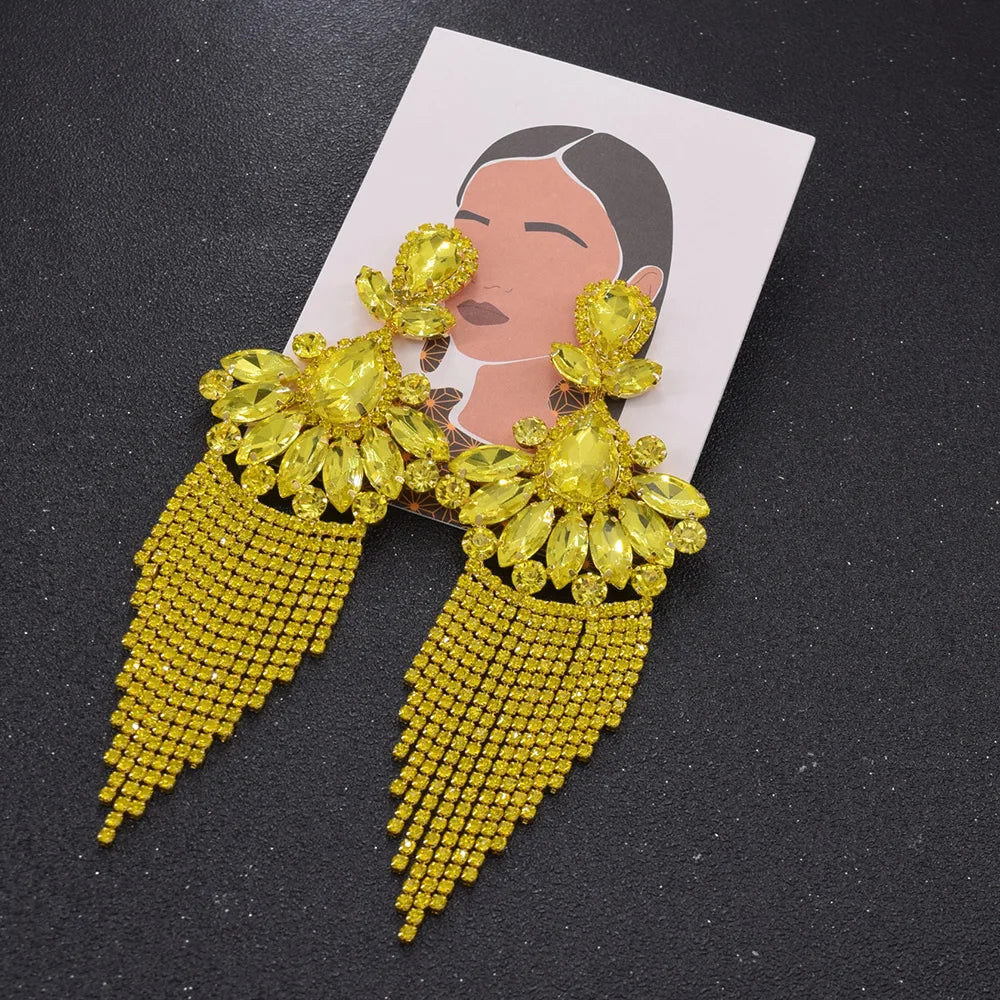 Sparkly Glass Crystal AB Tassel Drop Earrings Stage Performance Jewelry