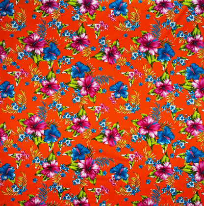 Hibiscus Palm Leaves Cluster All Over design Fabric  | Cotton