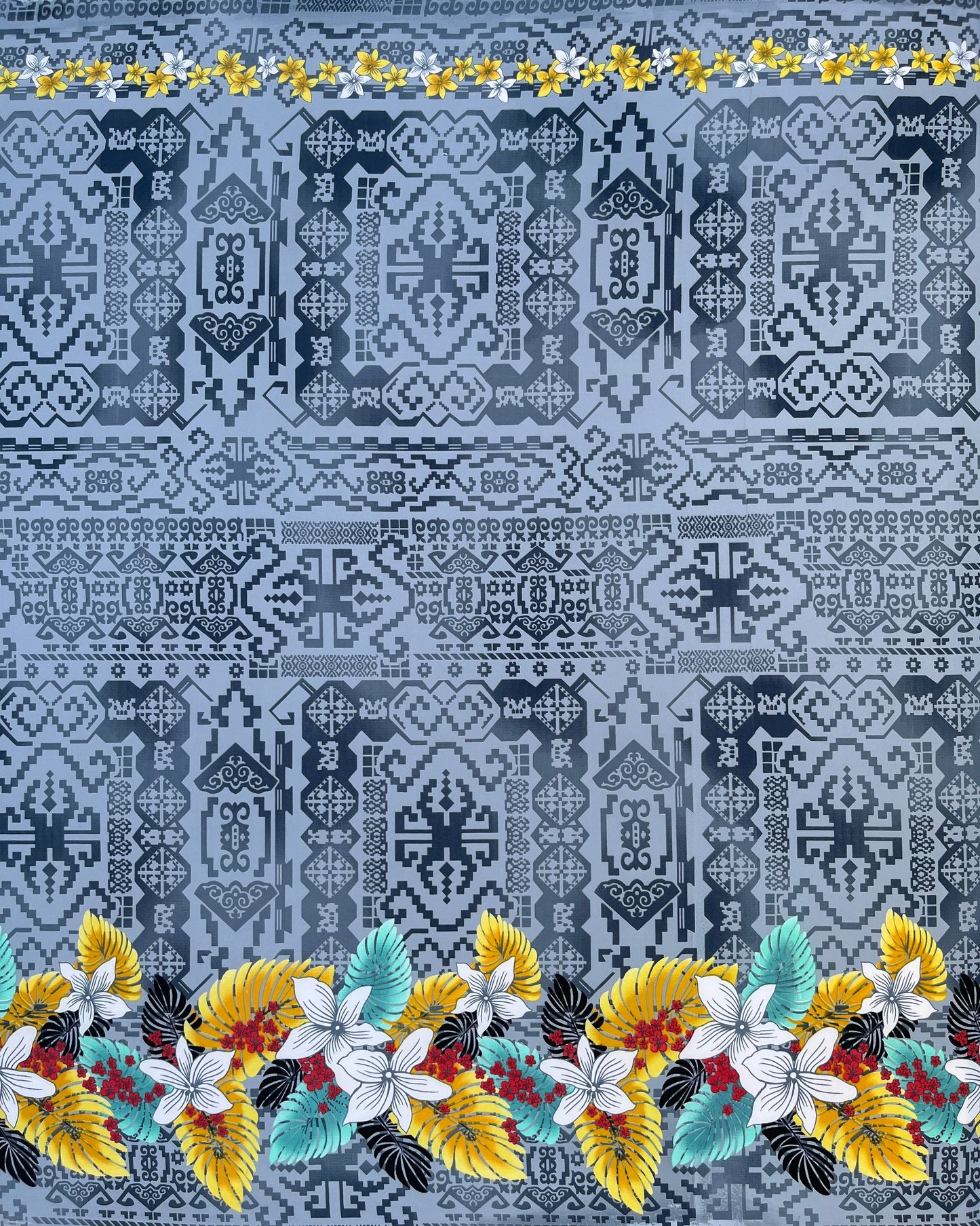 Tropical Flowers and Leaves Double Border Peachskin Fabric | Islands Fabric
