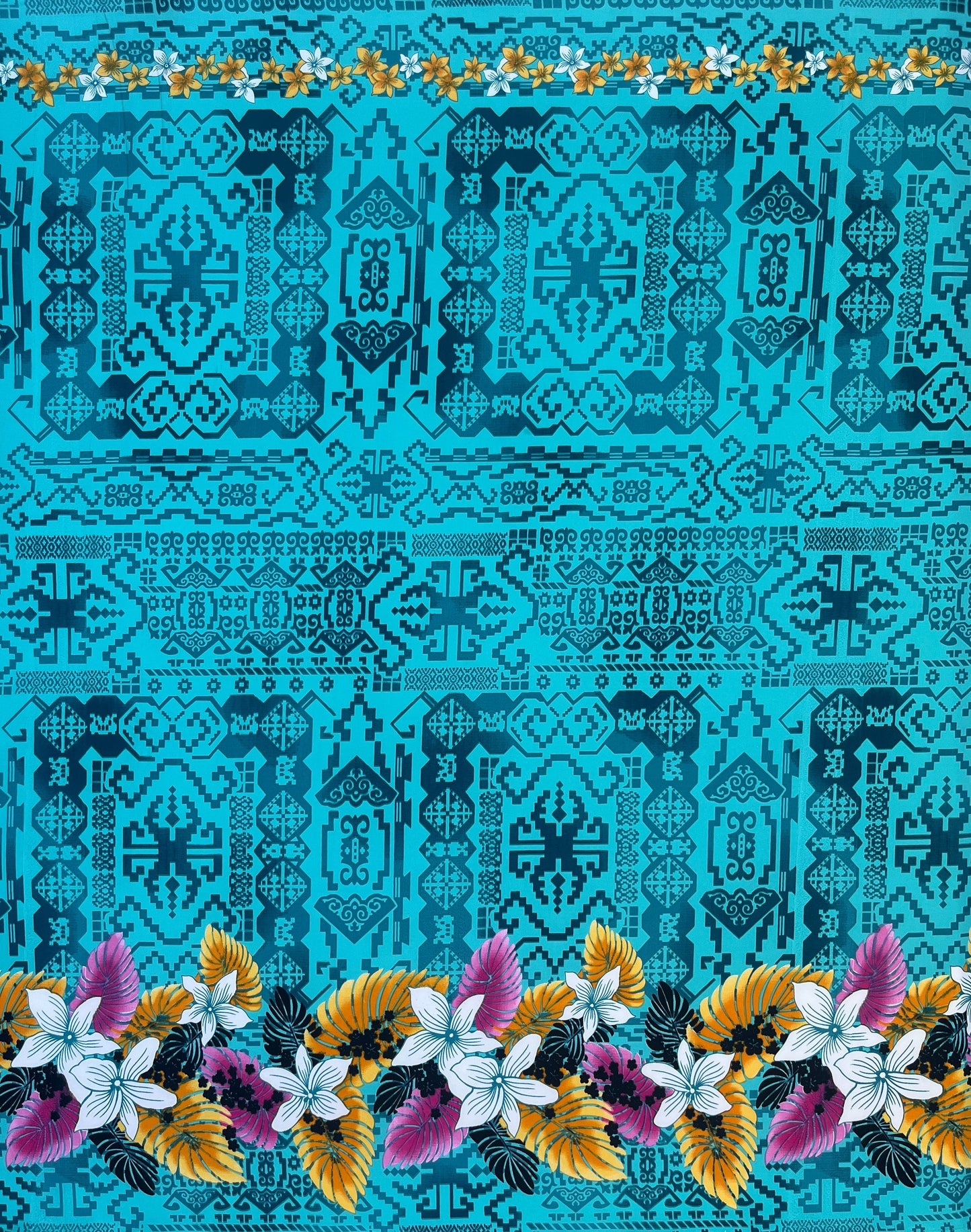 Tropical Flowers and Leaves Double Border Peachskin Fabric | Islands Fabric