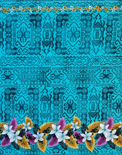 Tropical Flowers and Leaves Double Border Peachskin Fabric | Islands Fabric