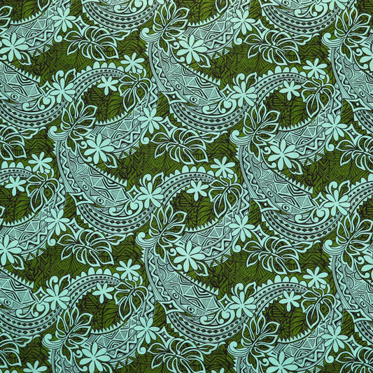Tiare & Monstera Leaf Tribal Design Cotton Fabric | Islands Fabric