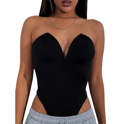 Women Clothing Sexy V Chest Bodysuit Women Tight Bottoming Shirt Slim Fit Figure Flattering Bodysuit