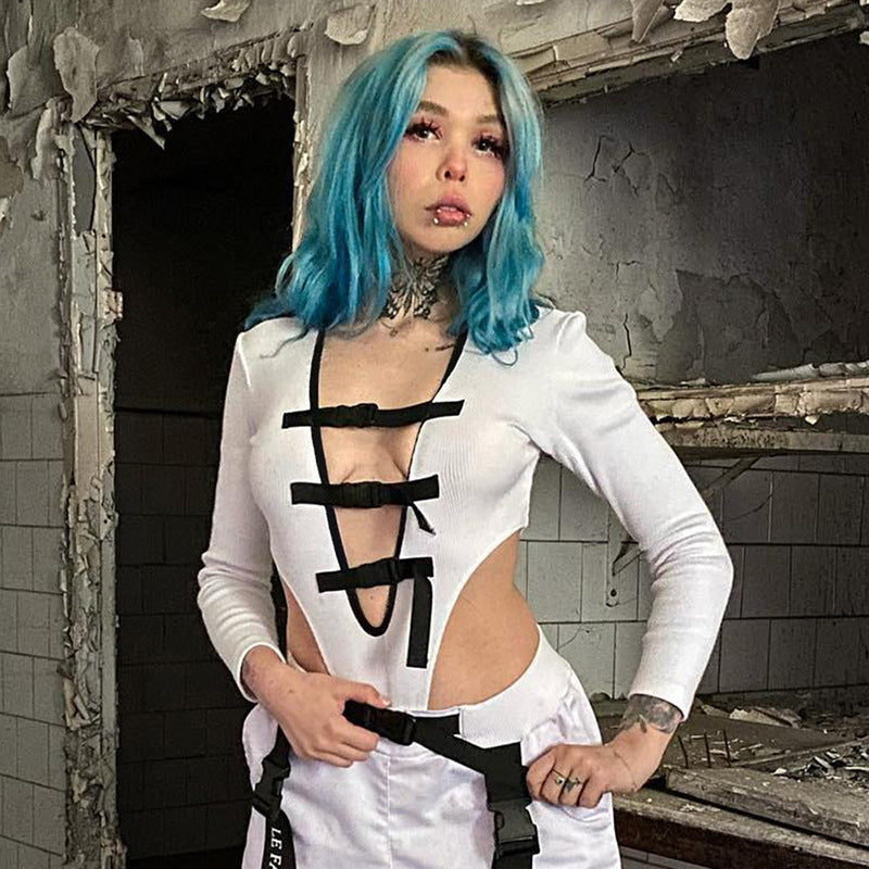 Women Clothing Sexy Underwear School Bag Buckle Decorative Tight Jumpsuit