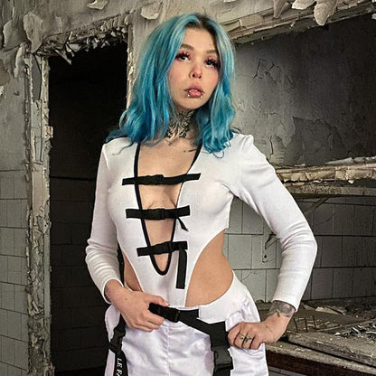 Women Clothing Sexy Underwear School Bag Buckle Decorative Tight Jumpsuit