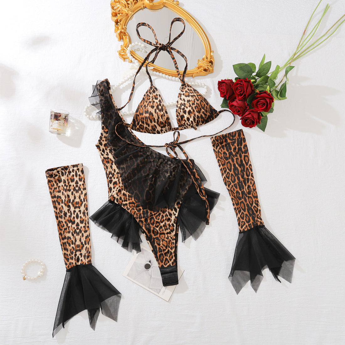 Sexy Halter Leopard Print Gloves Underwear Adjustable Crotch Sexy Three Piece Set