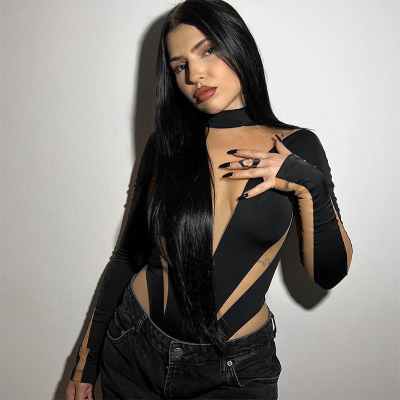 Summer Women Clothing Sexy Casual Mesh Stitching High Waist Long Sleeves Tight Jumpsuit