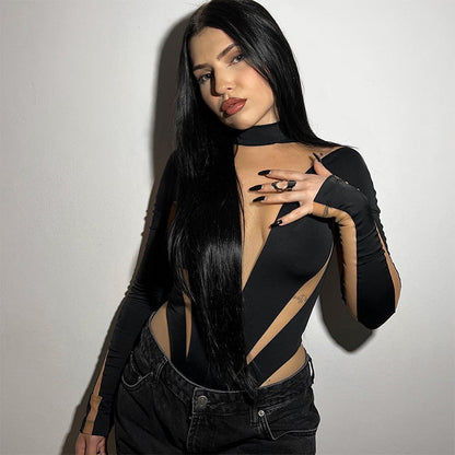 Summer Women Clothing Sexy Casual Mesh Stitching High Waist Long Sleeves Tight Jumpsuit