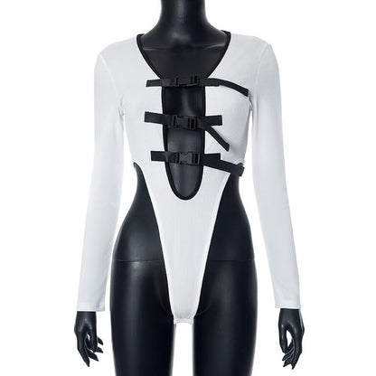 Women Clothing Sexy Underwear School Bag Buckle Decorative Tight Jumpsuit