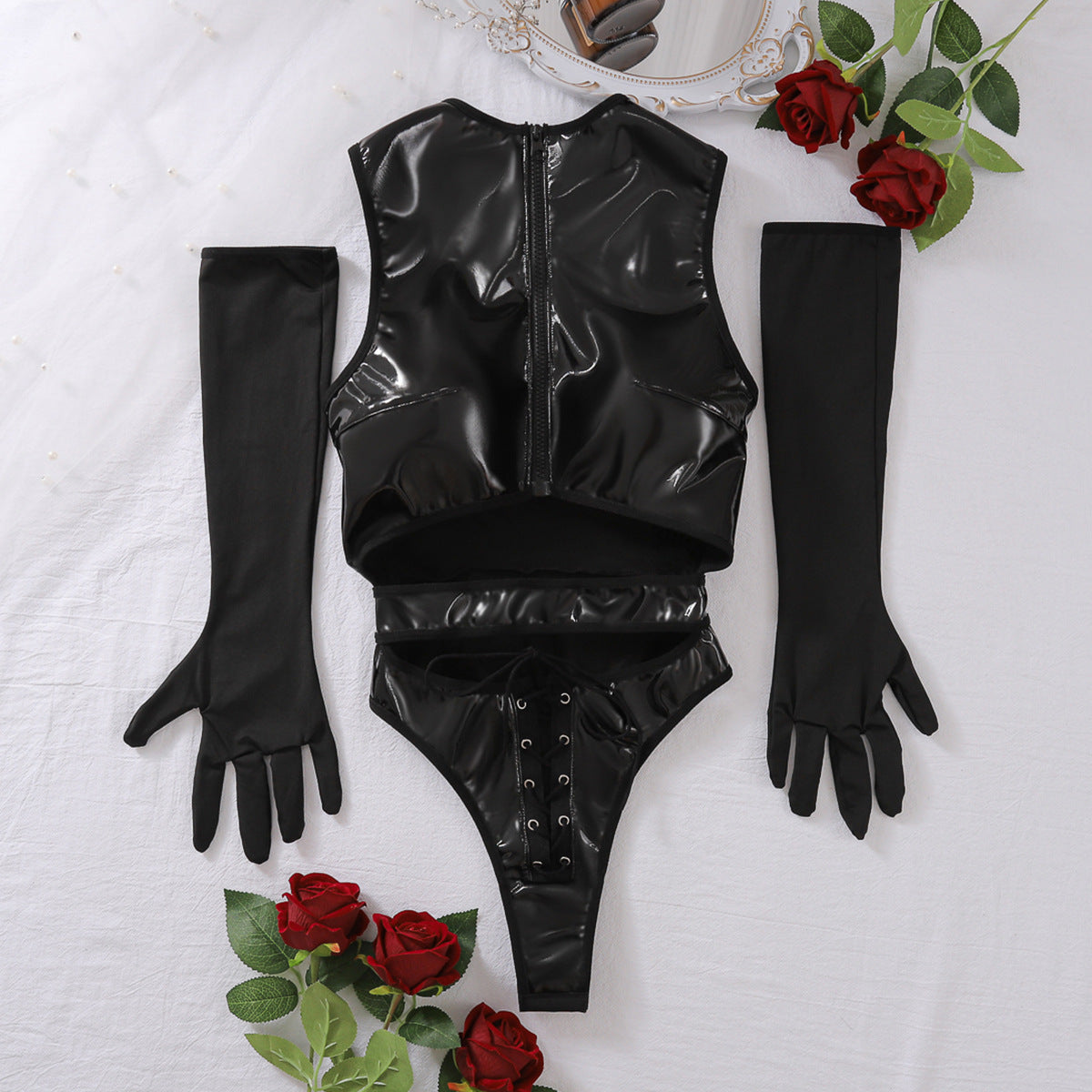 Sexy Underwear Patent Leather Chain Vest Hollow Out Cutout out Strap Body-Shaping Corsets Gloves Two Piece Set