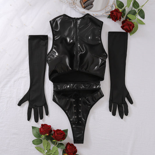 Sexy Underwear Patent Leather Chain Vest Hollow Out Cutout out Strap Body-Shaping Corsets Gloves Two Piece Set