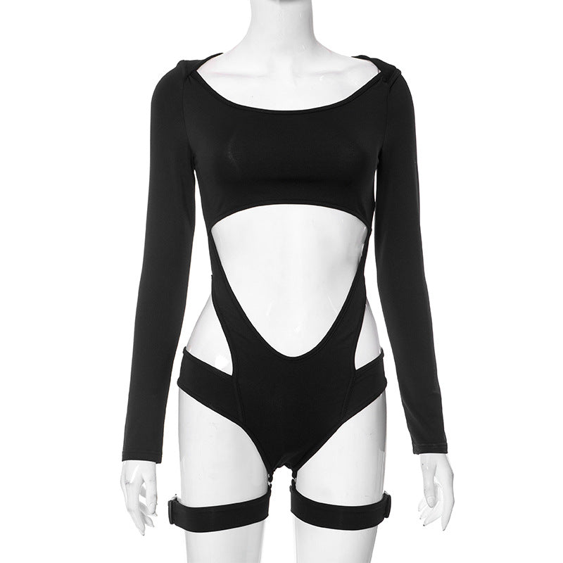 Sexy Personality Hollow Out Cutout out Design Zipper High Collar Long Sleeve Jumpsuit Cropped Exposed Women