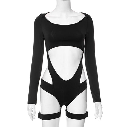 Sexy Personality Hollow Out Cutout out Design Zipper High Collar Long Sleeve Jumpsuit Cropped Exposed Women