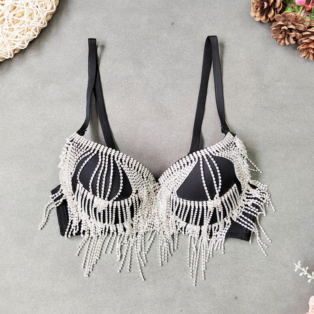 Rhinestone Tassel Bead Small Bra Super Short Sexy Top Top Thin Bottom Thick Shaping Bra Outer Wear Nightclub Wrapped Chest