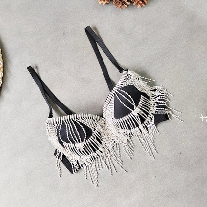 Rhinestone Tassel Bead Small Bra Super Short Sexy Top Top Thin Bottom Thick Shaping Bra Outer Wear Nightclub Wrapped Chest