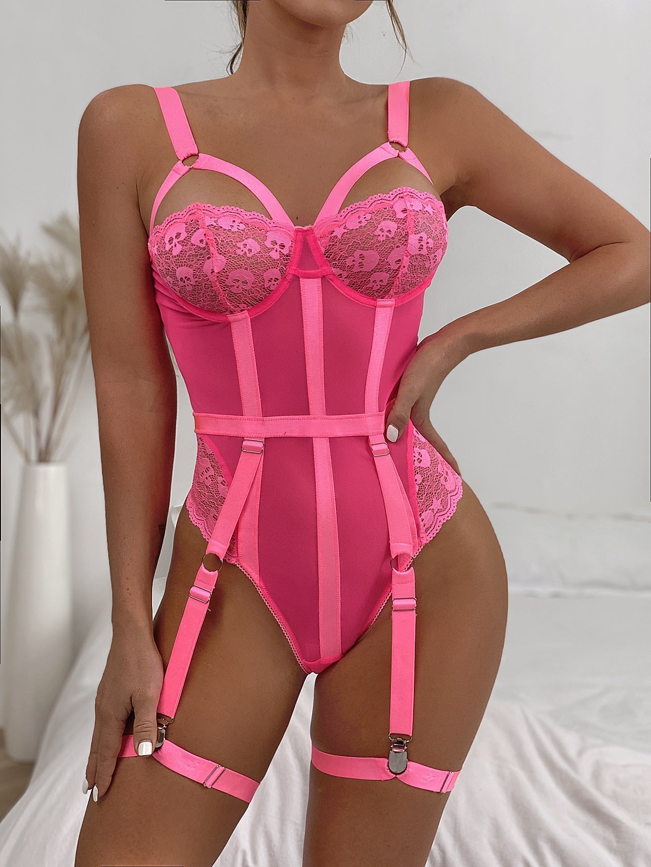 Women Sexy Christmas Lace Hollow Out Cutout out See through Sexy Jumpsuit