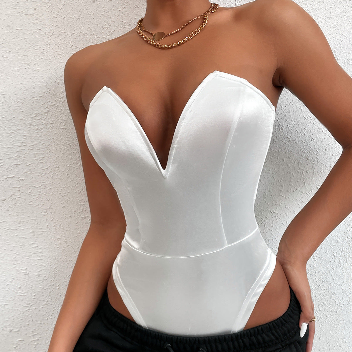 Women Tight Bottoming Shirt Slim Fit Figure Flattering Bodysuit Sexy V-neck Tube Top Bodysuit